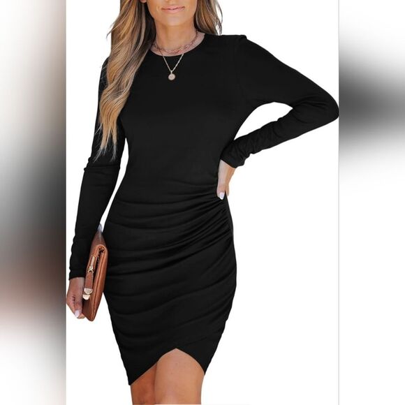 Elegant Bodycon Black Long Sleeve Dress With Side Ruching - Picture 1 of 9
